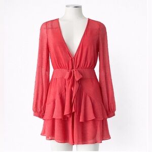 For Love & Lemons Pink Coral Swiss Dot Long Sleeve Mini Dress | Size S | NWOT